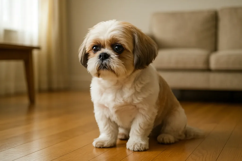 Shih Tzu assis seul sur un parquet clair, regard pensif, lumière douce