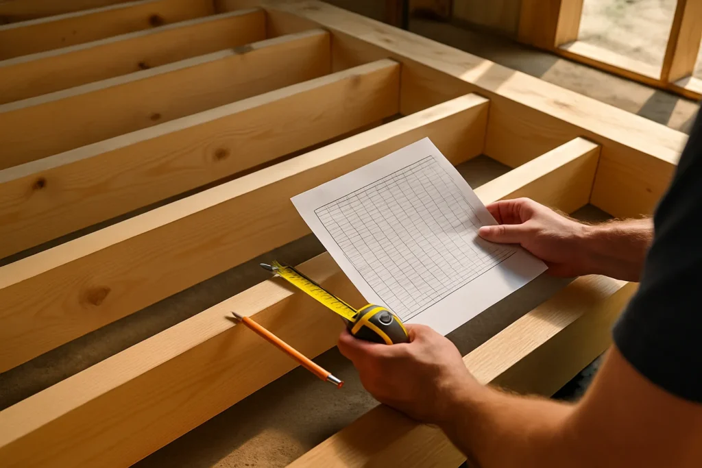 Charpentier mesurant des solives en bois avec un abaque imprimé, illustrant le calcul de solivage pour plancher bois