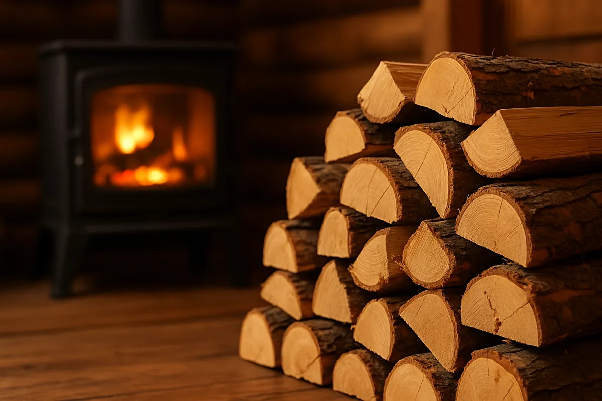 Pile de bûches de sapin fraîchement fendue devant un poêle à bois allumé, illustrant l’usage du bois de sapin pour le chauffage