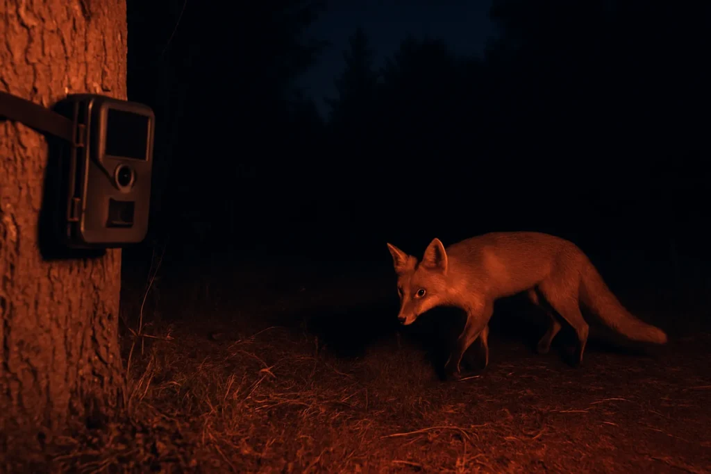 Renard capturé la nuit par une caméra infrarouge en forêt