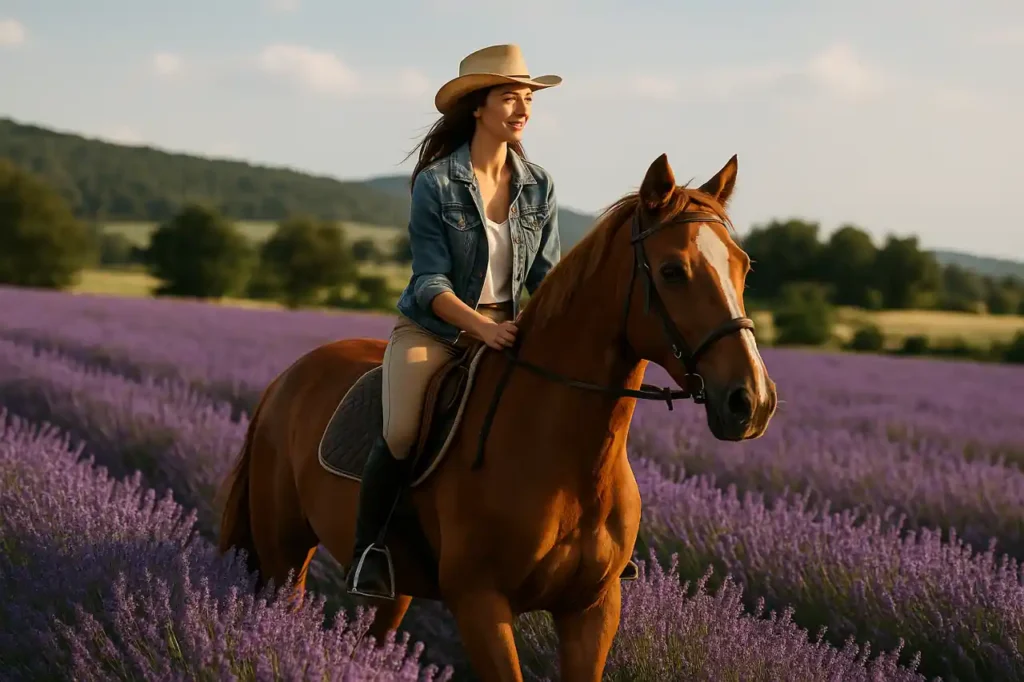 Camille se trouvant sur son cheval qui galope