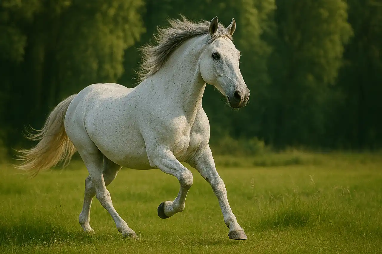 Cheval blanc galopant dans une prairie