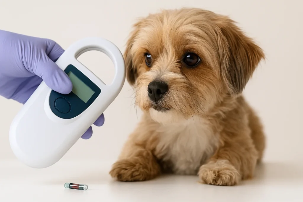 Illustration d'un vétérinaire scannant la puce électronique d’un chien portant un code 900