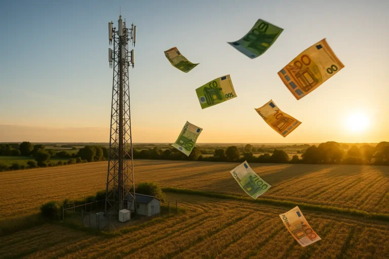 Pylône d’antenne-relais dans un champ au coucher du soleil avec des billets d’euros flottant dans l’air, symbolisant le revenu locatif.