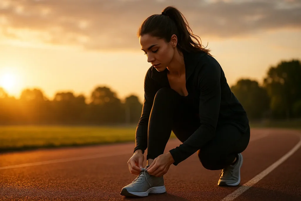 Jeune femme lace ses chaussures sur une piste à l’aube, prête à relever un nouveau défi sportif.