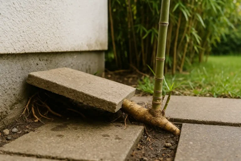 Rhizome de bambou soulèvant une dalle de terrasse au pied d’un mur de maison, illustrant les dégâts potentiels.