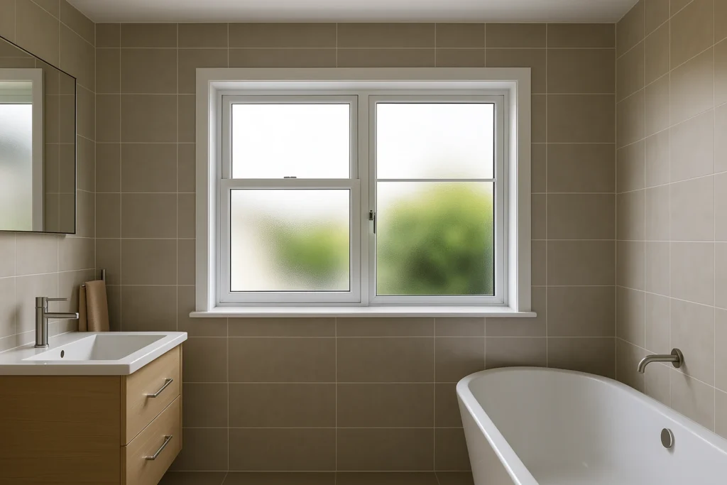 Fenêtre double vantaux à vitrage dépoli dans une salle de bain moderne, illustrant les dimensions courantes pour salle d’eau