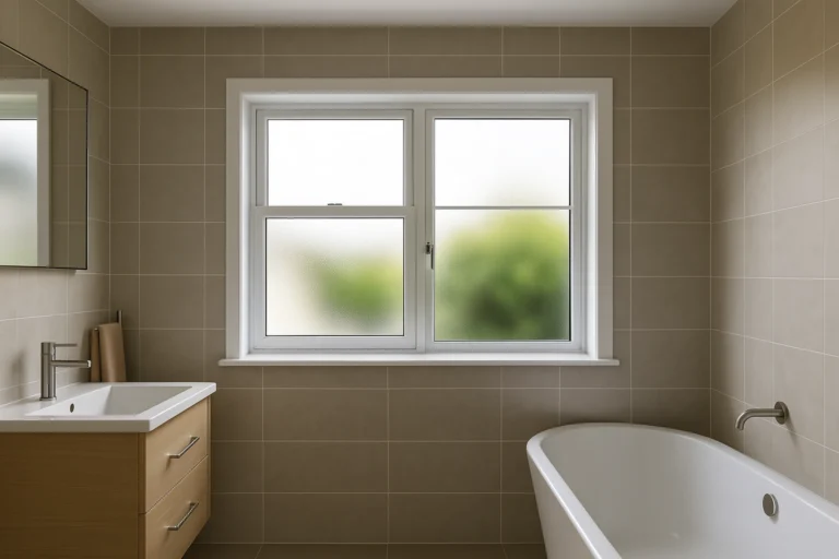 Fenêtre double vantaux à vitrage dépoli dans une salle de bain moderne, illustrant les dimensions courantes pour salle d’eau