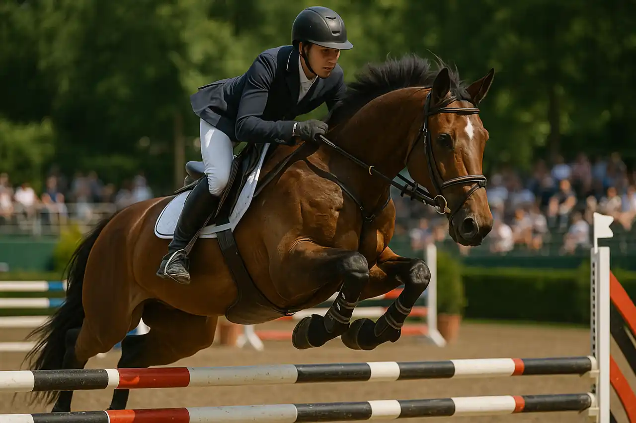 Cavalier et cheval franchissant un obstacle en compétition