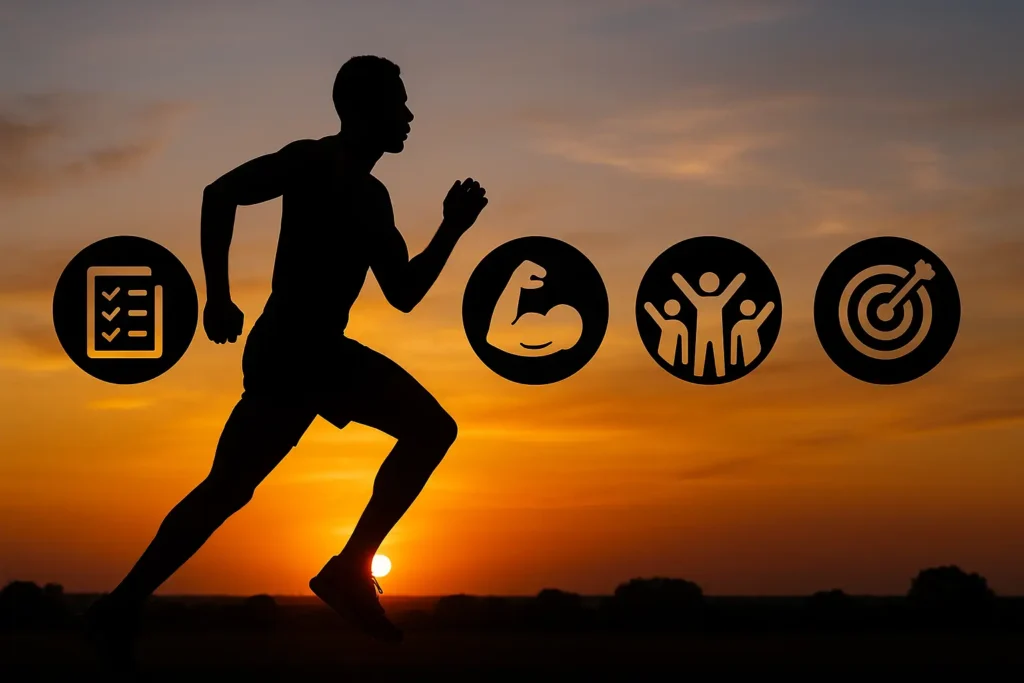 Silhouette d’un coureur au coucher de soleil symbolisant les cinq leçons essentielles que l’on peut apprendre en faisant du sport.