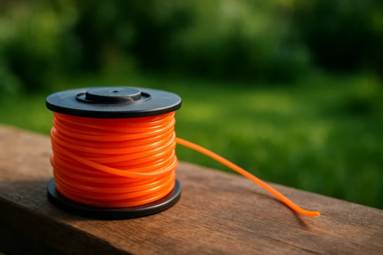 Bobine de fil nylon orange pour débroussailleuse posée sur un établi en bois, fond de jardin flou.
