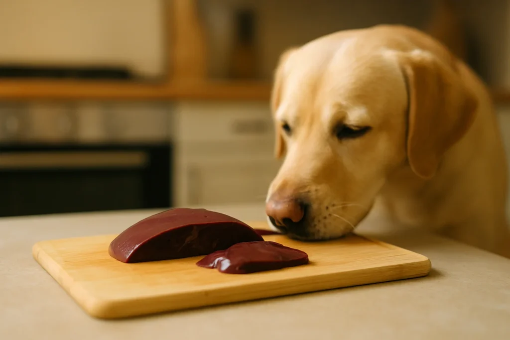 Labrador reniflant un morceau de foie de veau sur une planche à découper