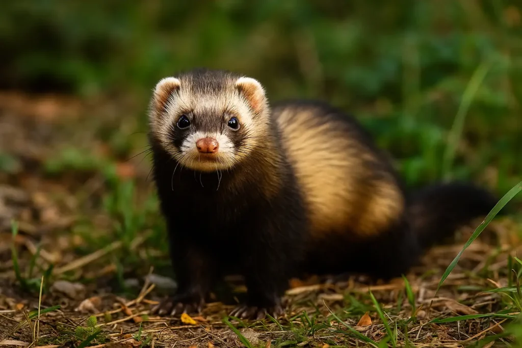 Furet zibeline à la robe sable posé dans un sous-bois verdoyant