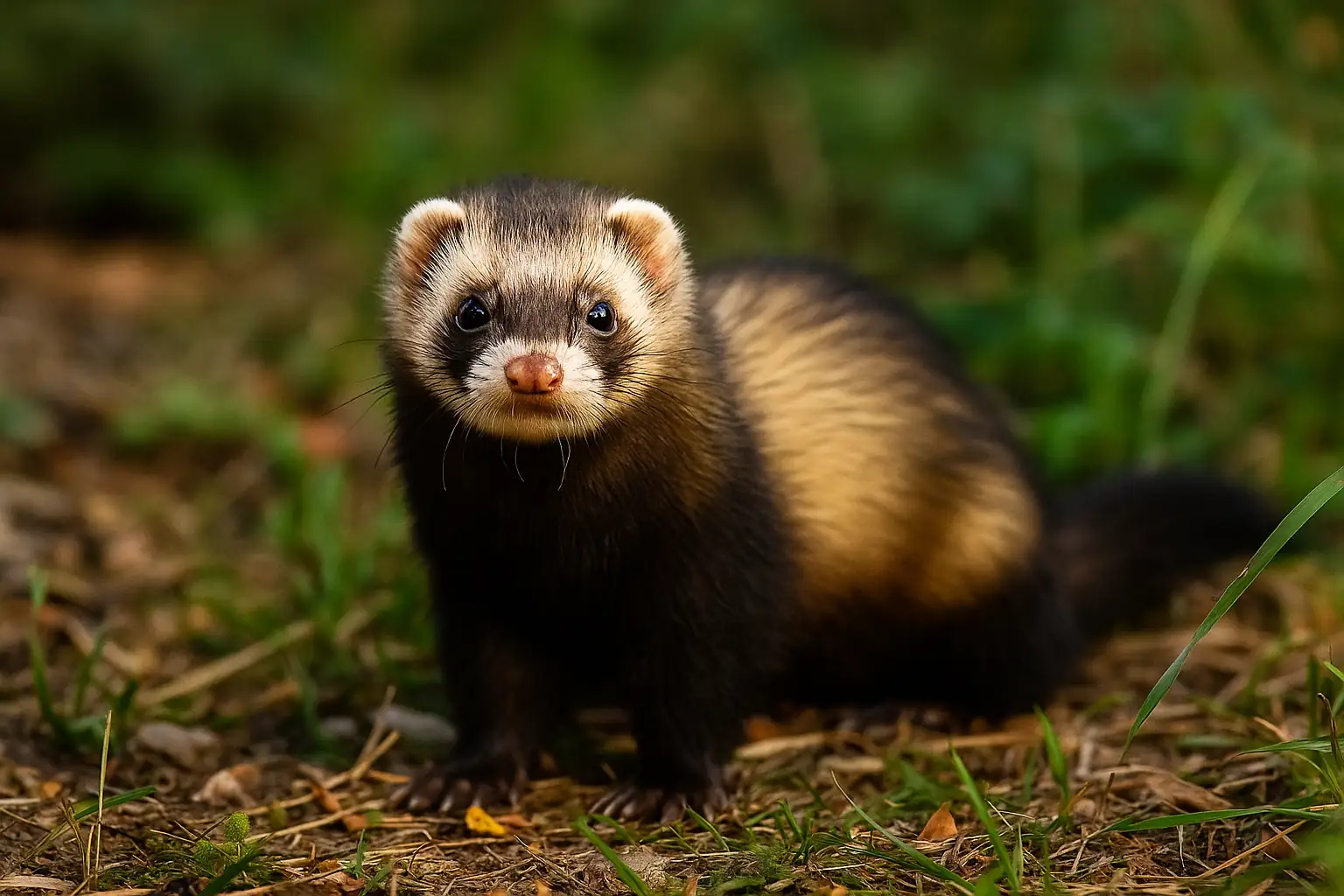 Furet zibeline à la robe sable posé dans un sous-bois verdoyant