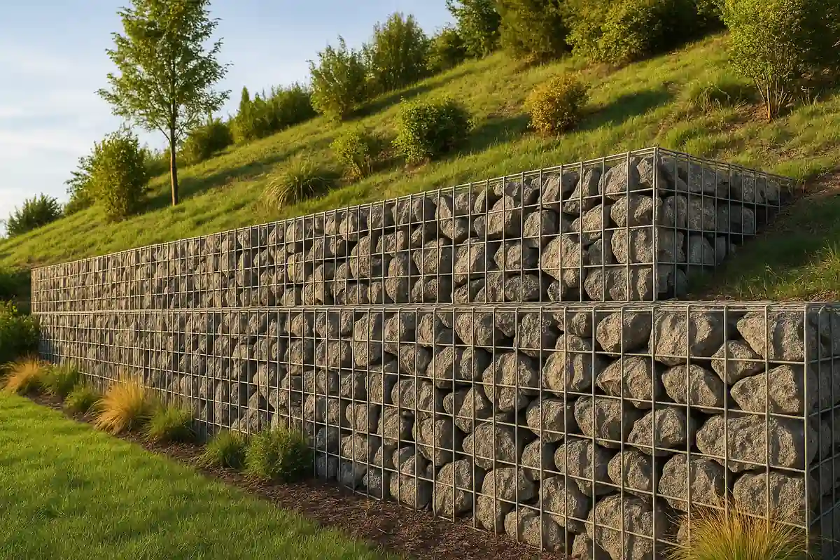 Mur de soutènement en gabion à étages, formé de cages métalliques remplies de pierres sur un talus végétalisé