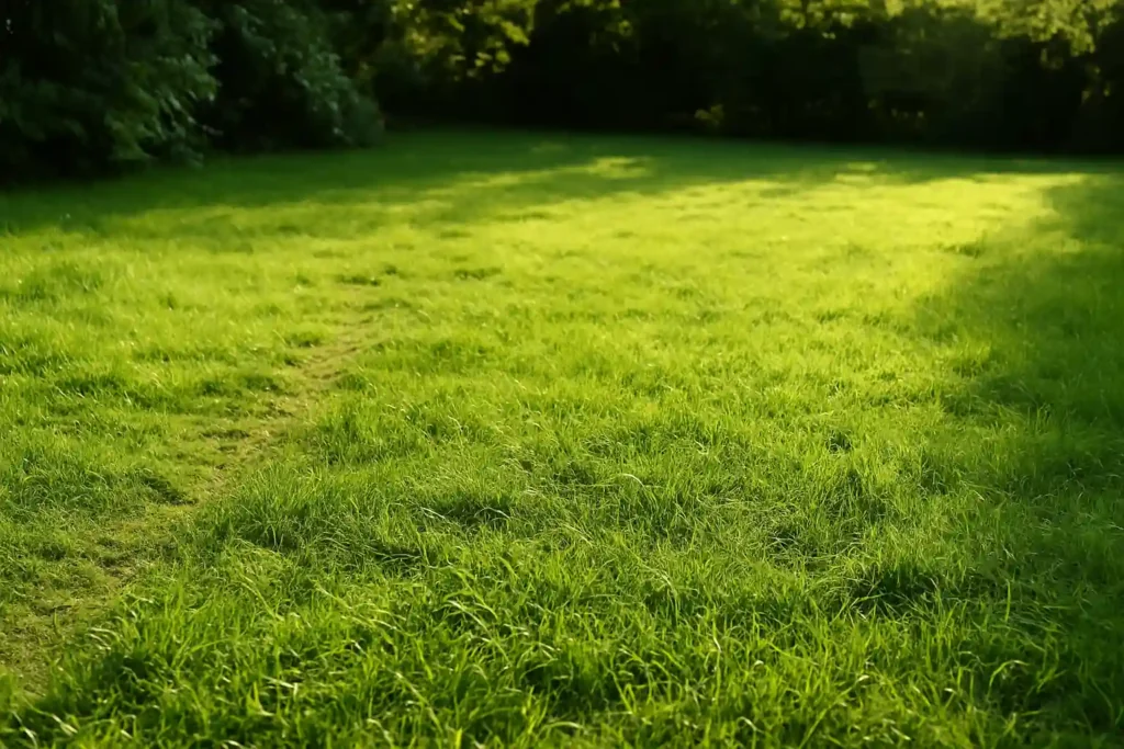 Pelouse rustique dense et verdoyante éclairée par le soleil couchant