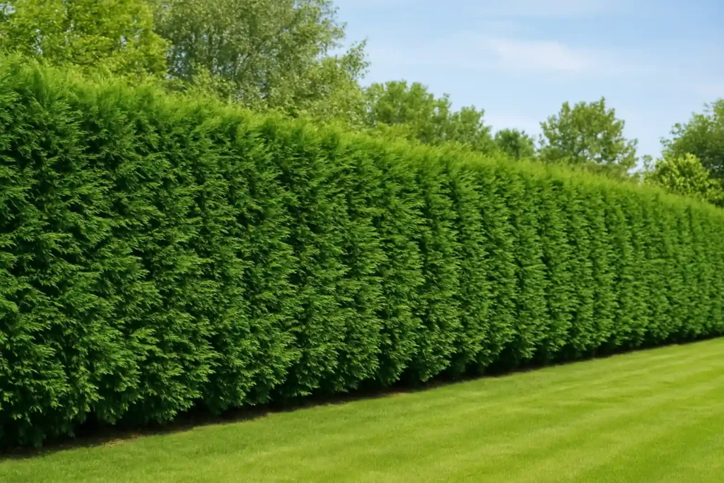 Haie persistante dense et bien taillée formant un écran vert dans un jardin, bordée d’une pelouse soignée.