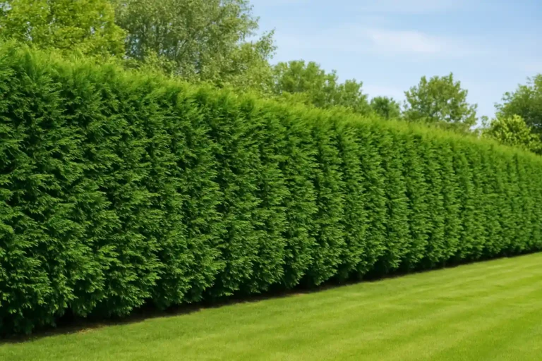 Haie persistante dense et bien taillée formant un écran vert dans un jardin, bordée d’une pelouse soignée.