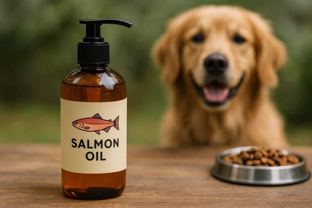 Bouteille d’huile de saumon sauvage posée devant un chien heureux