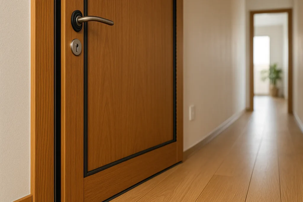 Porte en bois équipée de joints acoustiques noirs pour une isolation phonique