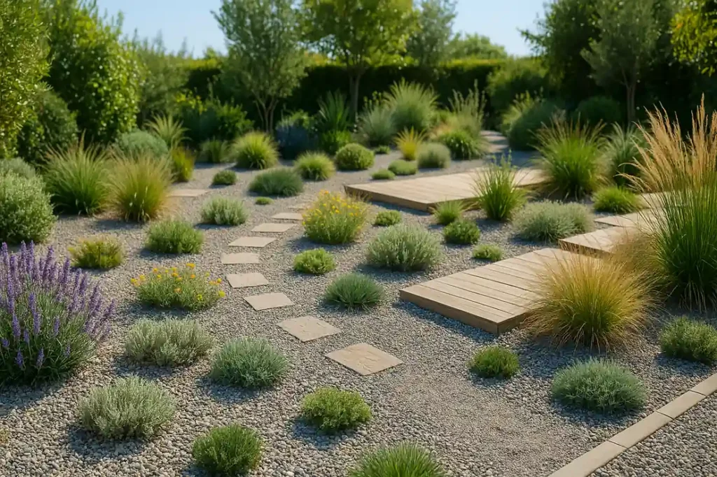 Aménagement de jardin sans entretien : graviers, vivaces résistantes et passerelle en bois, éclairé par le soleil.