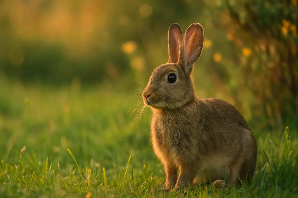 Lapin de garenne sauvage dans un pré au coucher du soleil