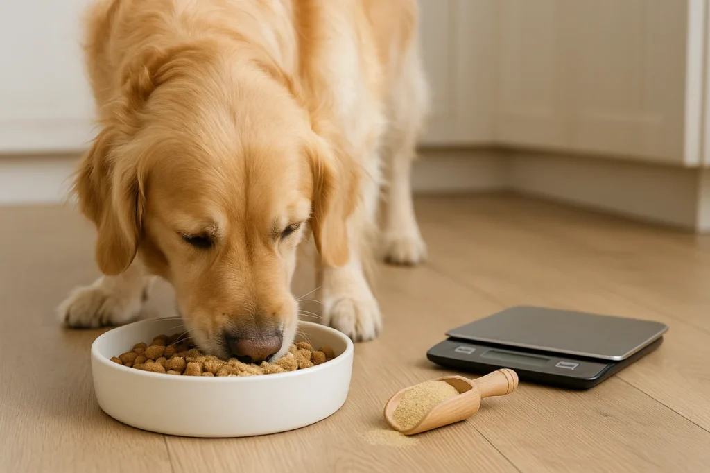 Chien mangeant des croquettes saupoudrées de levure de bière avec cuillère doseuse