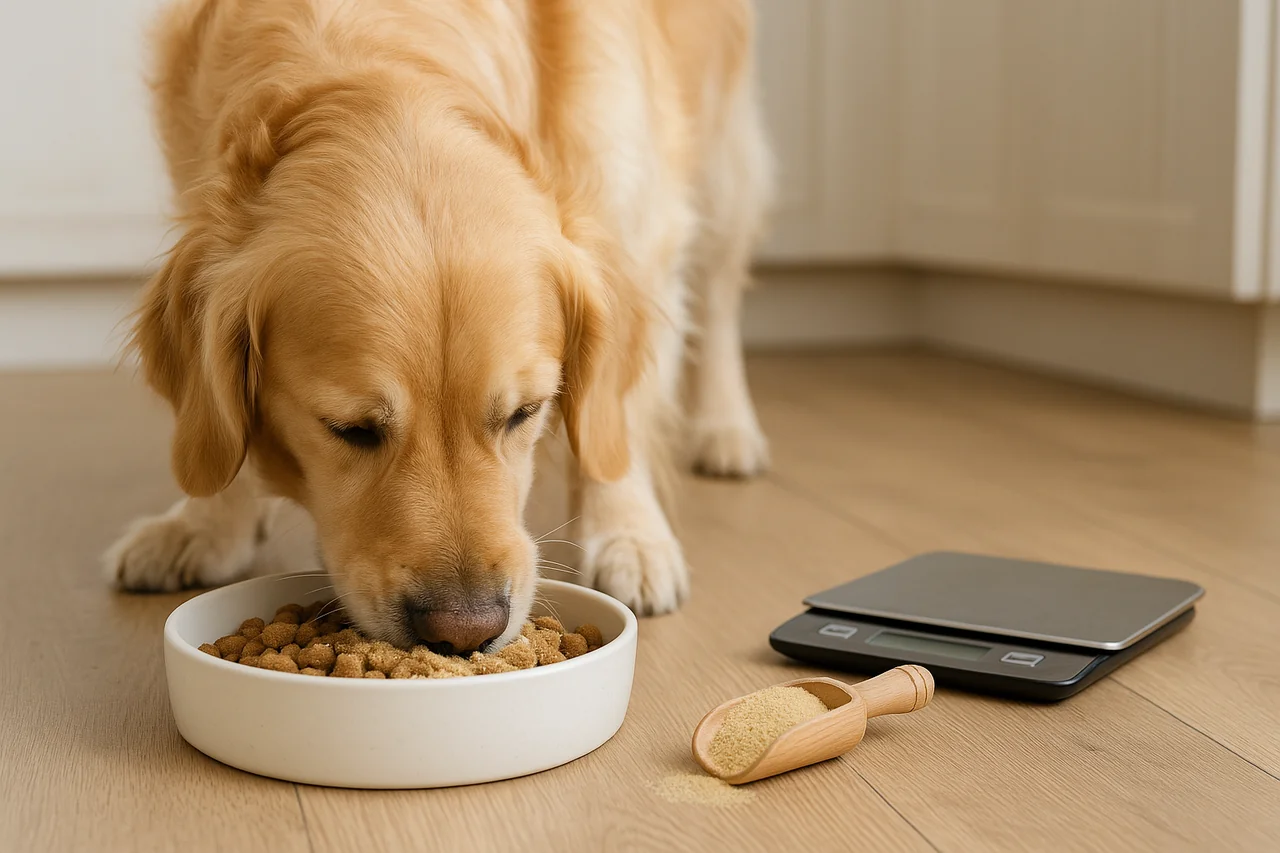 Chien mangeant des croquettes saupoudrées de levure de bière avec cuillère doseuse
