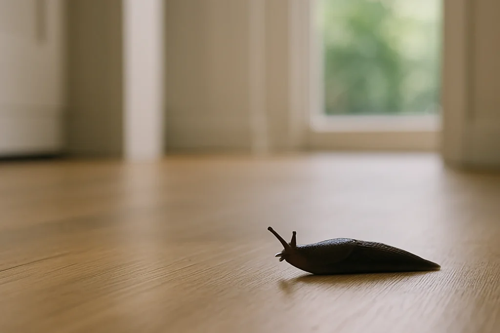 Limace brune se déplaçant sur un parquet intérieur, symbole d’humidité dans la maison