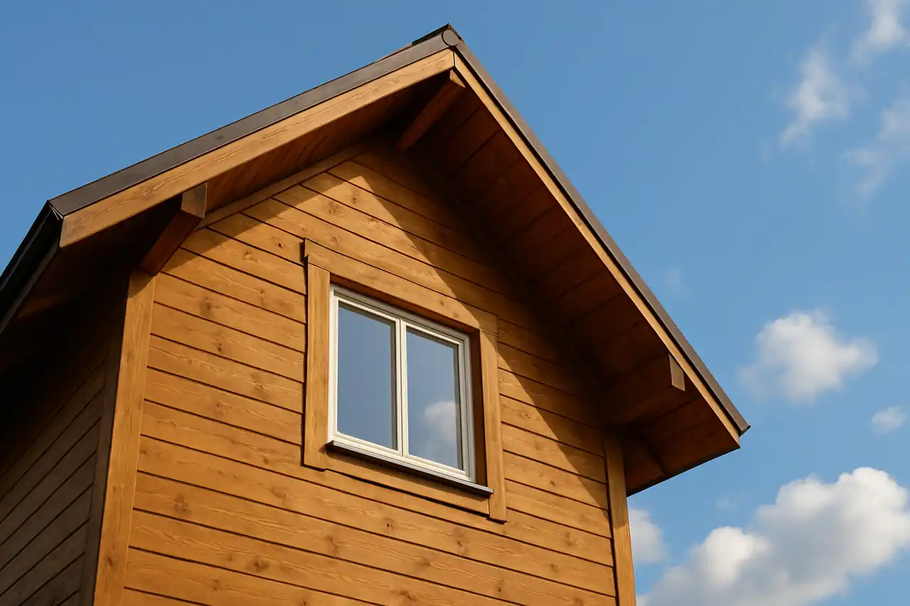 Maison en bois avec fenêtre sous un ciel bleu