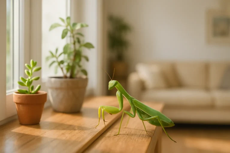 Mante religieuse verte posée sur le rebord d’une fenêtre dans un salon lumineux