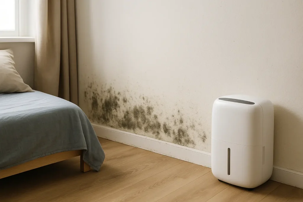 Tache de moisissure noire sur un mur de chambre, à côté d’un déshumidificateur