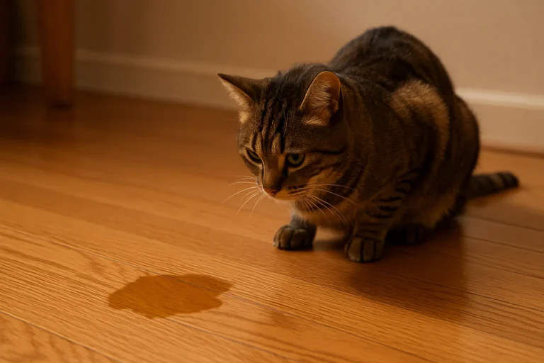 Chat tigré accroupi, observant une flaque d’urine toujours au même endroit sur le parquet