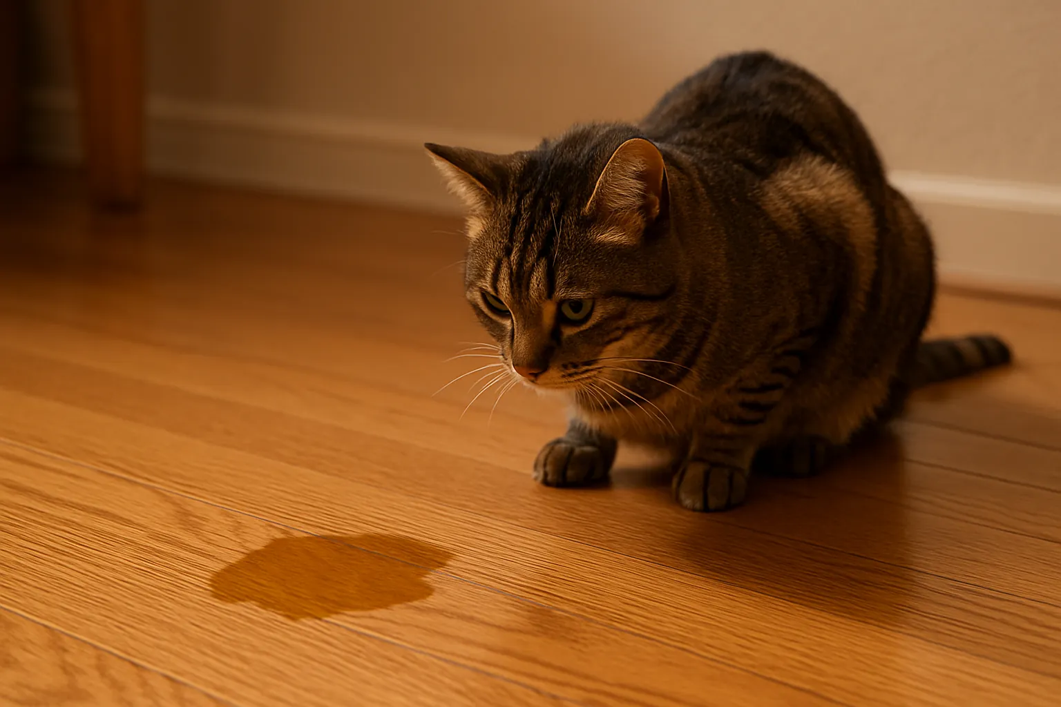 Chat tigré accroupi, observant une flaque d’urine toujours au même endroit sur le parquet
