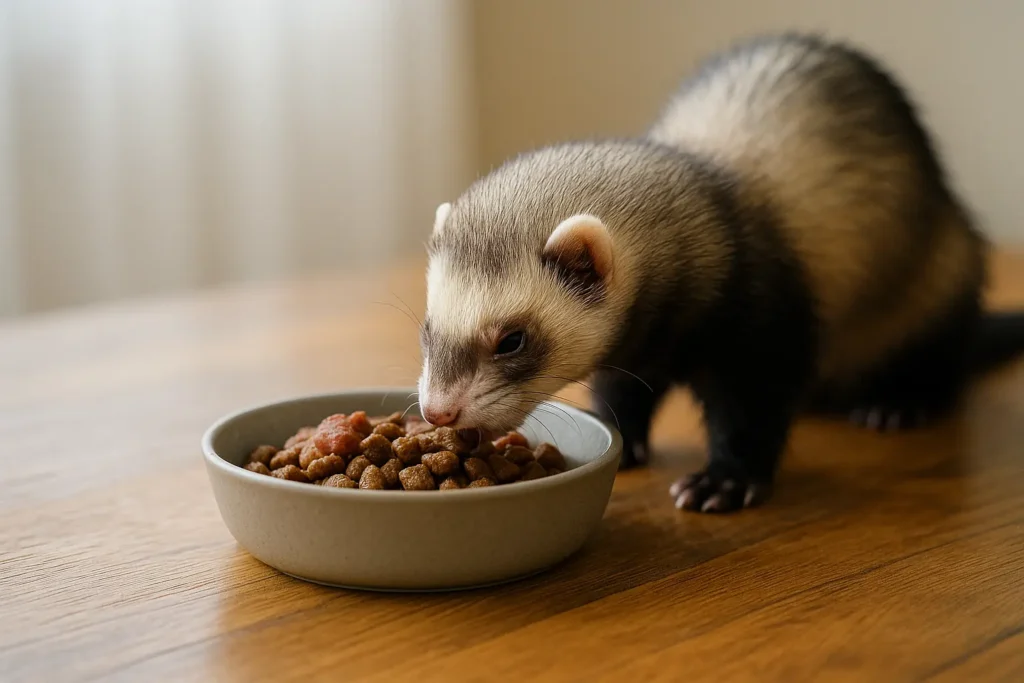 Furet dégustant une gamelle de croquettes riches en protéines