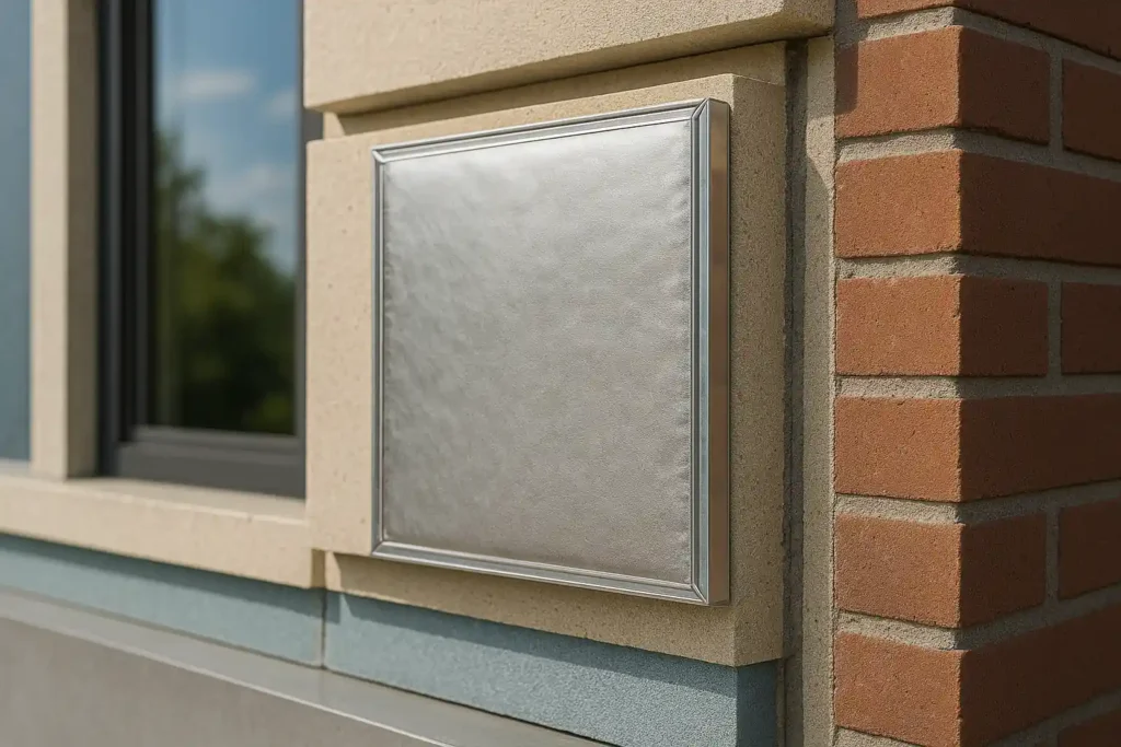 Panneau isolant sous vide encadré en aluminium sur la façade d’un bâtiment moderne