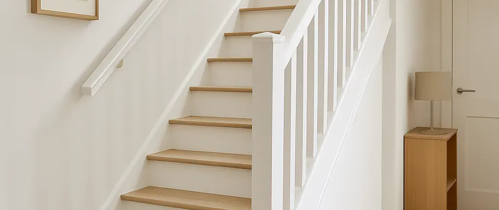 Escalier en bois moderne fraîchement peint en blanc, format horizontal, intérieur lumineux