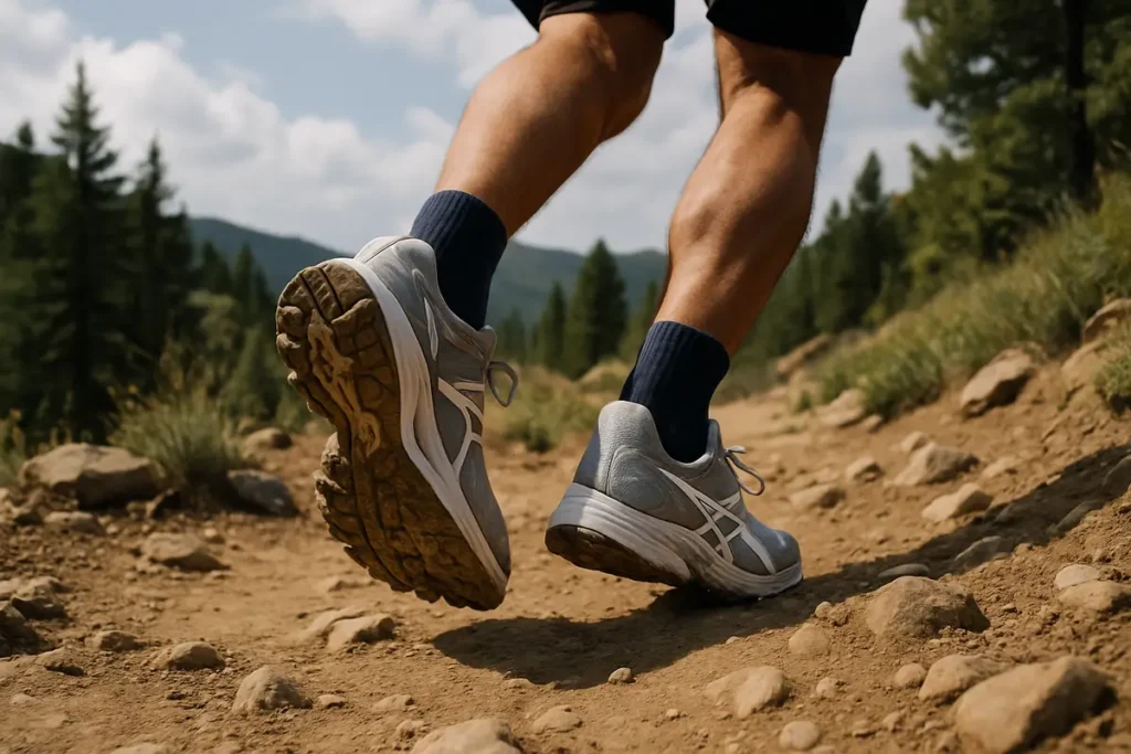 Vue en contre-plongée d’un coureur portant des sneakers sport grises sur un sentier de randonnée caillouteux, montagnes et pins en arrière-plan.