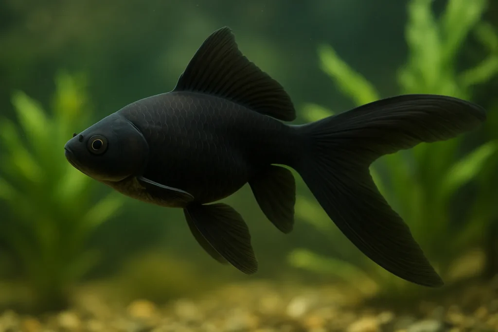 Poisson comète noir nageant dans un aquarium planté