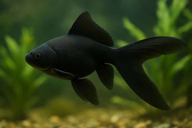Poisson comète noir nageant dans un aquarium planté