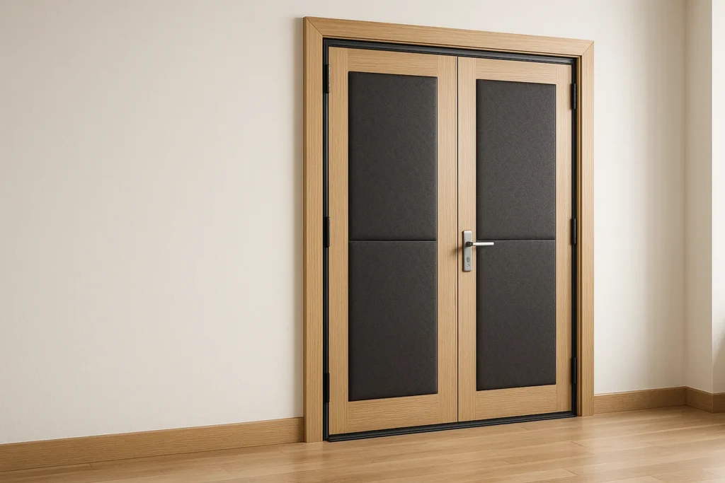 Porte double en chêne clair équipée de panneaux anti bruit gris foncé encadrés