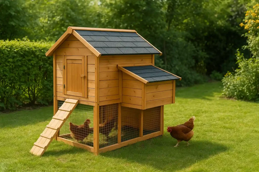 Petit poulailler en bois dans un jardin verdoyant, deux poules picorant sur la pelouse.