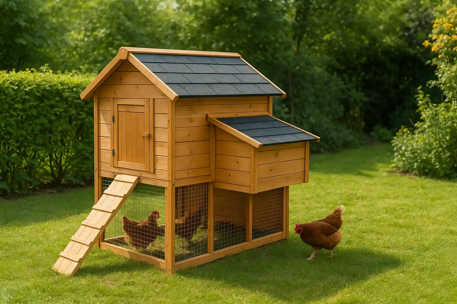 Petit poulailler en bois dans un jardin verdoyant, deux poules picorant sur la pelouse.