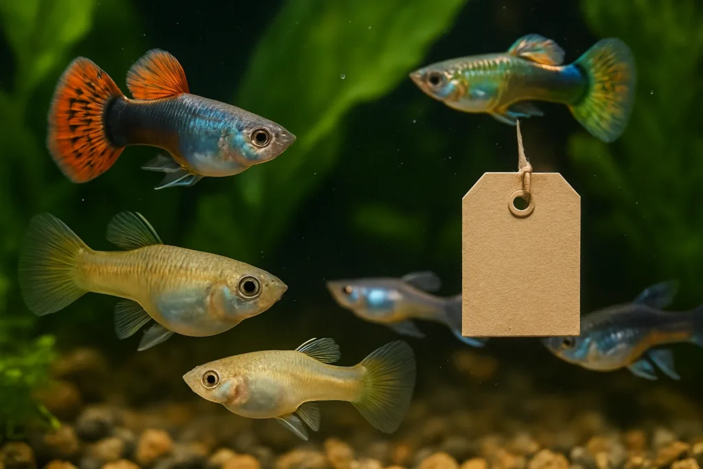 Groupe de guppys colorés nageant parmi les plantes d’aquarium