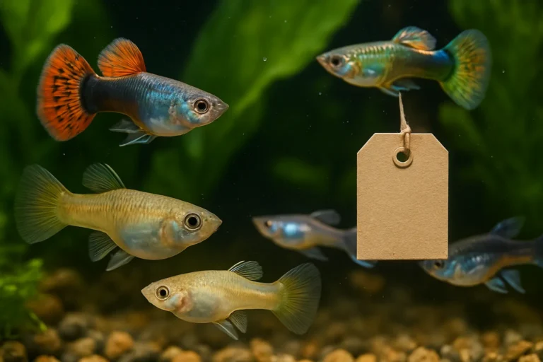 Groupe de guppys colorés nageant parmi les plantes d’aquarium