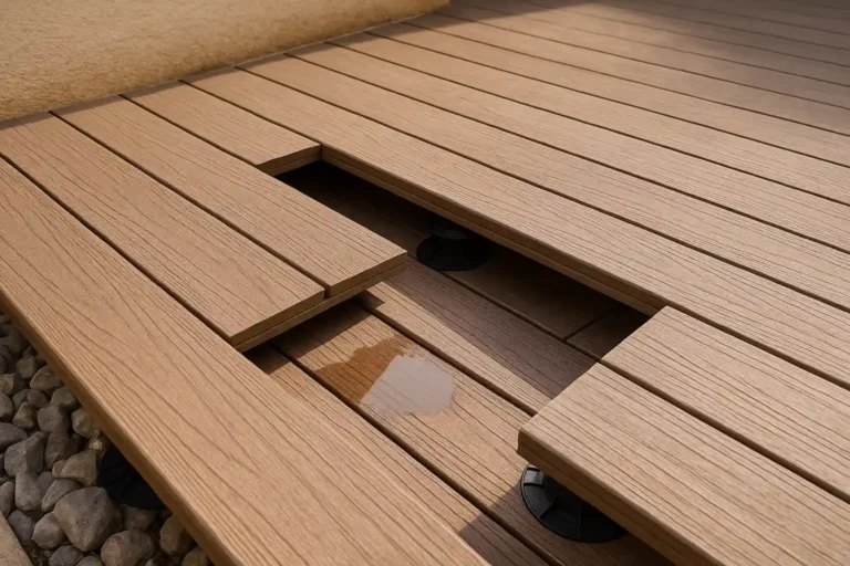 Lames de terrasse sur plots affaissées avec une flaque d’eau – illustration d’un problème de nivellement