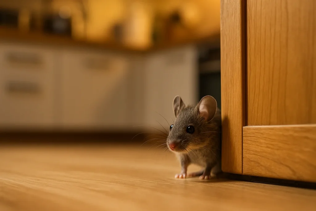 Petite souris grise émergeant d’un placard en bois dans une cuisine chaleureuse