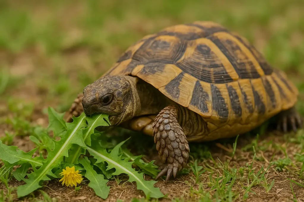 Tortue d’Hermann croquant des feuilles de pissenlit dans l’herbe
