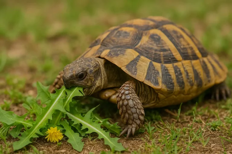 Tortue d’Hermann croquant des feuilles de pissenlit dans l’herbe