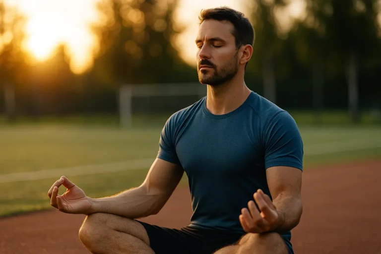 Un sportif en tenue de sport médite en tailleur sur une piste d’athlétisme au coucher du soleil, illustrant la concentration et le bien-être mental dans le sport.